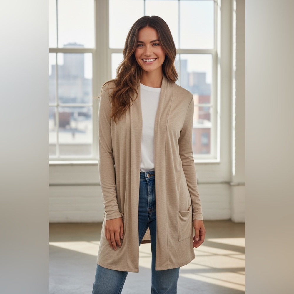 #599 Beige Open Front Cardigan Sweater